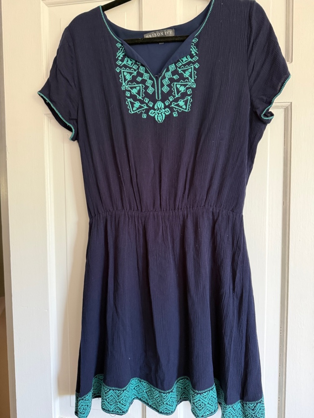 Brixon Ivy Navy Dress with Teal Embroidery Accents